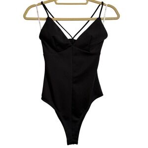 Lulus Womens XS Black Strappy Caged Back V-Neck Sleeveless Bodysuit Night Out